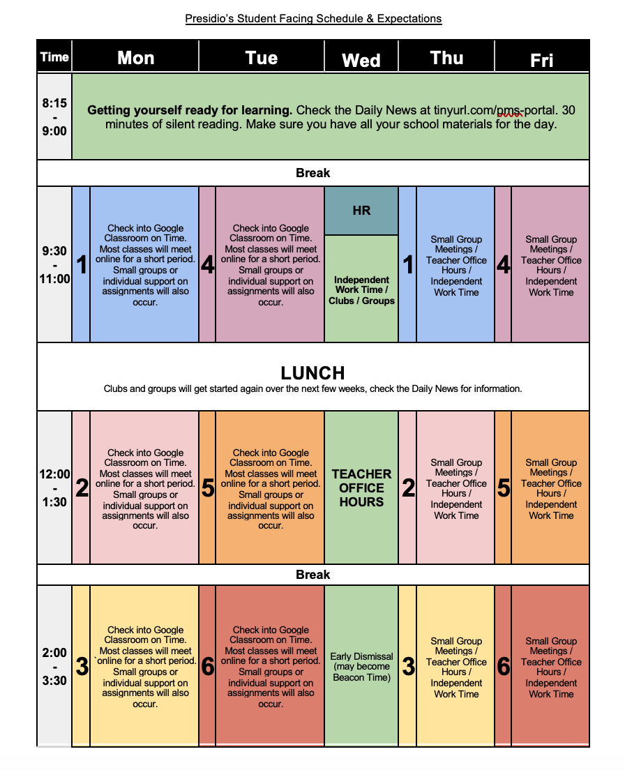 Distance Learning Schedule SFUSD